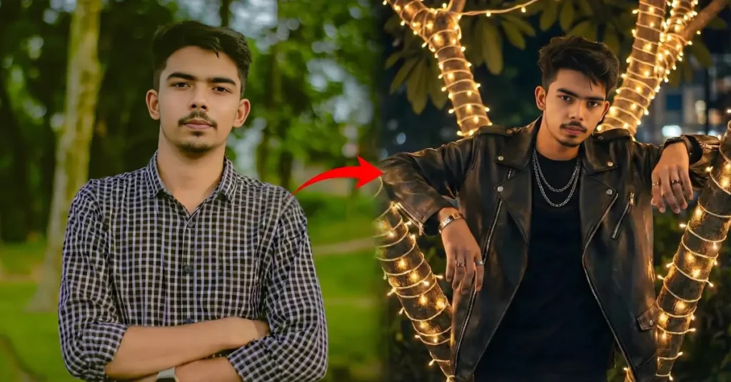 Cinematic AI Portrait Prompt: Stylish man in leather jacket with fairy lights, 8K photorealistic DSLR look