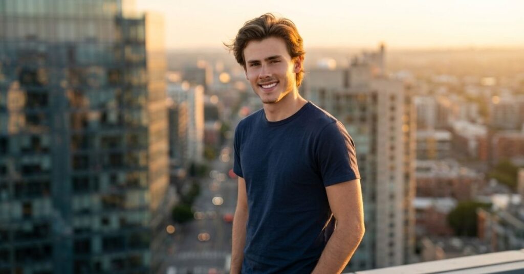 Golden Hour City Rooftop Portrait – Urban Sunset Style